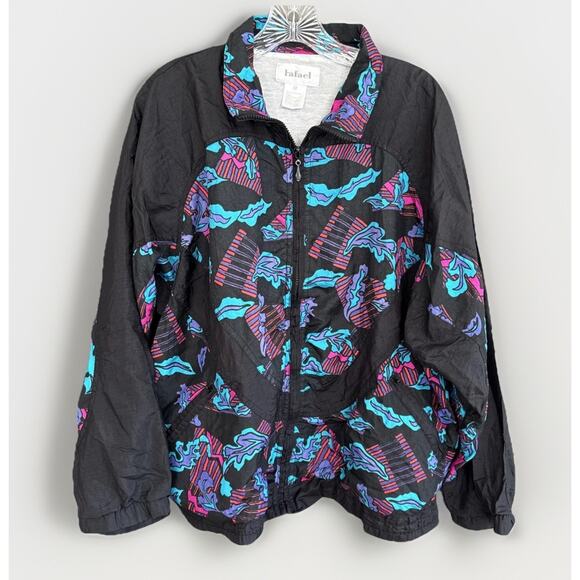 RAFAEL Jackets & Blazers - Vintage‎ Rafael Windbreaker Jacket Black Multi Abstract Print Rave Y2K Sz Medium
